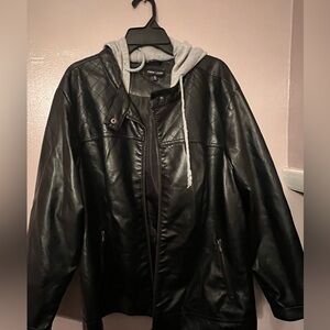 New Look Black LeatherFaux  Bomber Jacket with Gray Hood size 3X